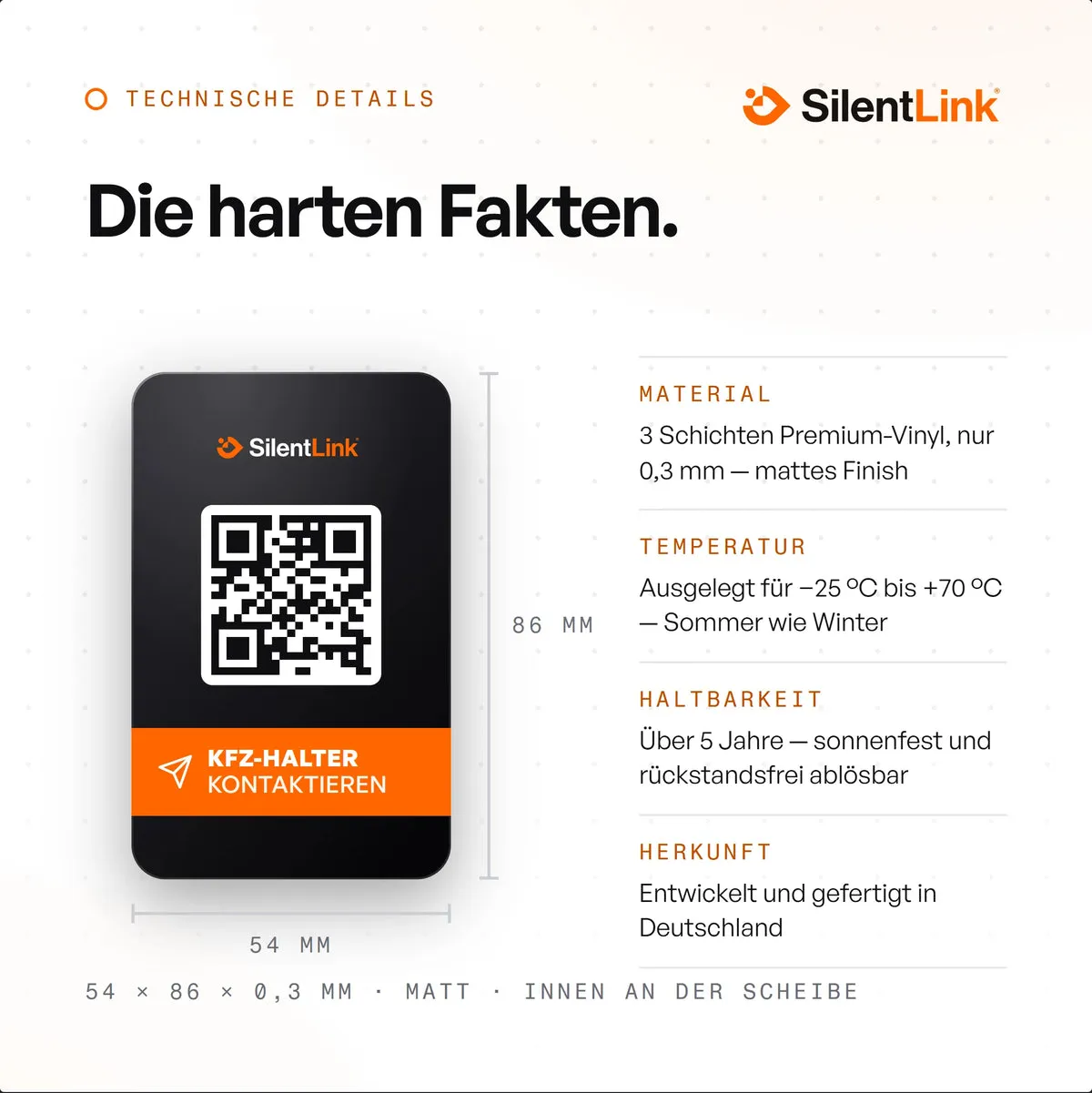 Technische Daten der DriveID: 54 × 86 mm, Premium-Vinyl, ausgelegt für −25 bis +70 °C