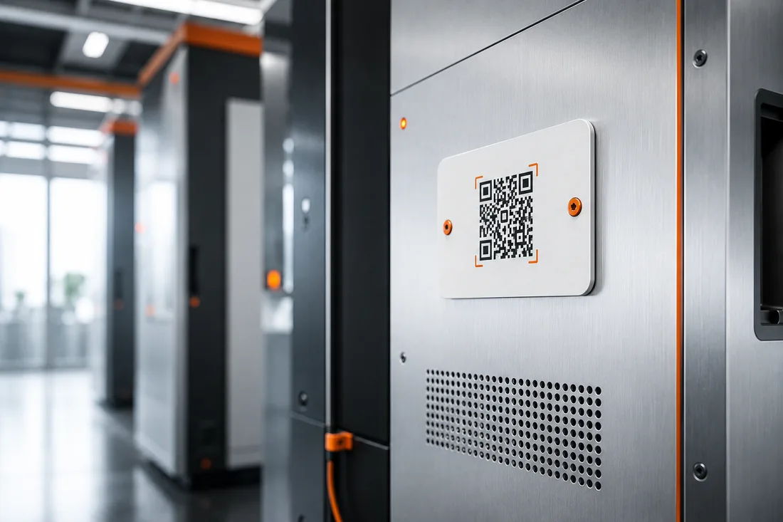 Serviceplakette mit QR-Code und orangen Scan-Klammern an einer Anlage — jedes Gerät wird zum Meldepunkt