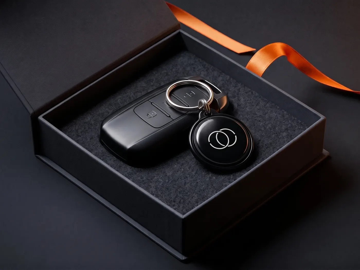 Ein Schlüsselfinder mit Firmenzeichen neben einem Autoschlüssel in einer dunklen Geschenkbox mit orangem Band