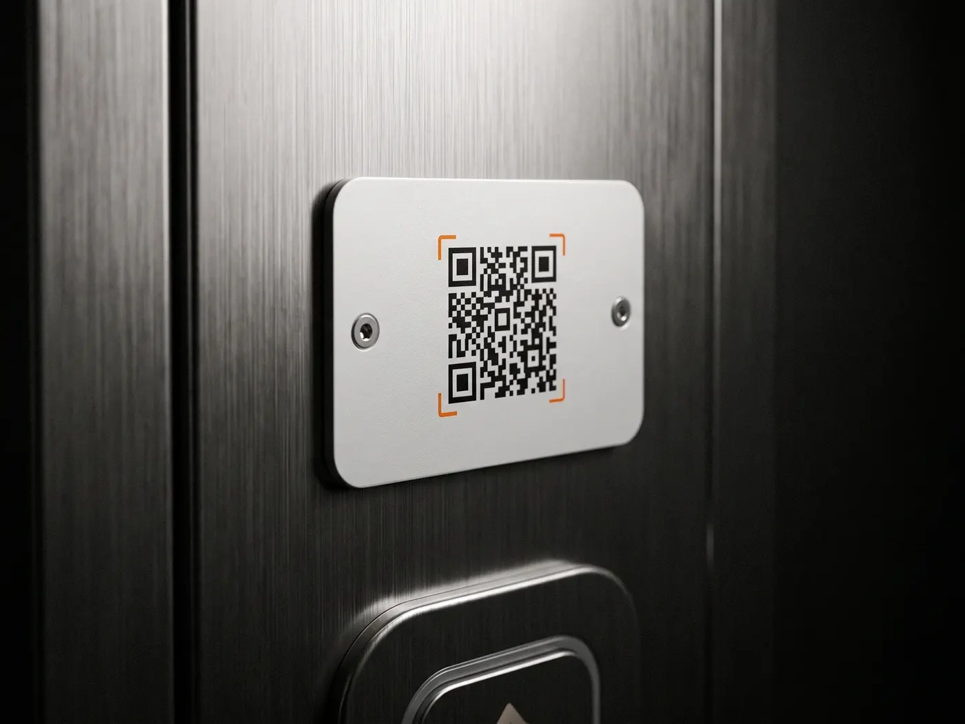 Eine Serviceplakette mit QR-Code an der Edelstahlverkleidung neben einem Aufzugsknopf