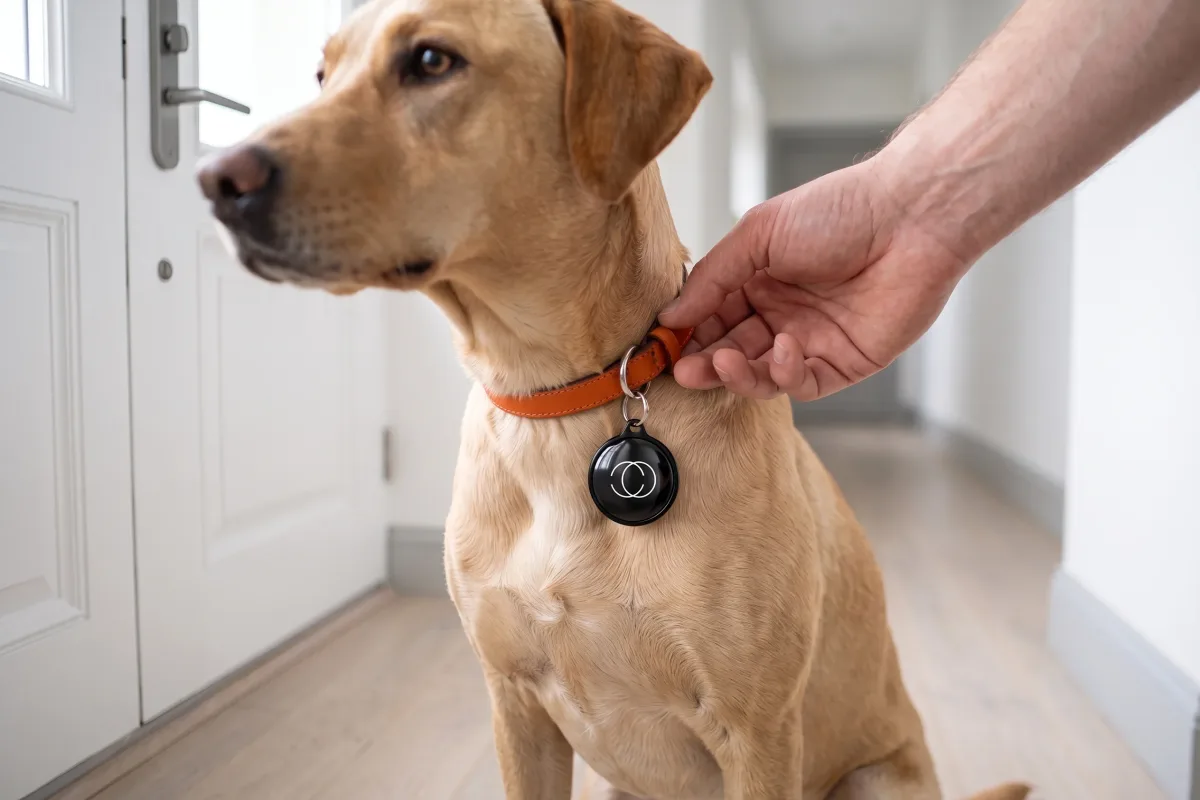 Eine runde Haustiermarke mit Firmenzeichen am orangen Halsband eines Hundes, eine Hand krault ihm den Hals