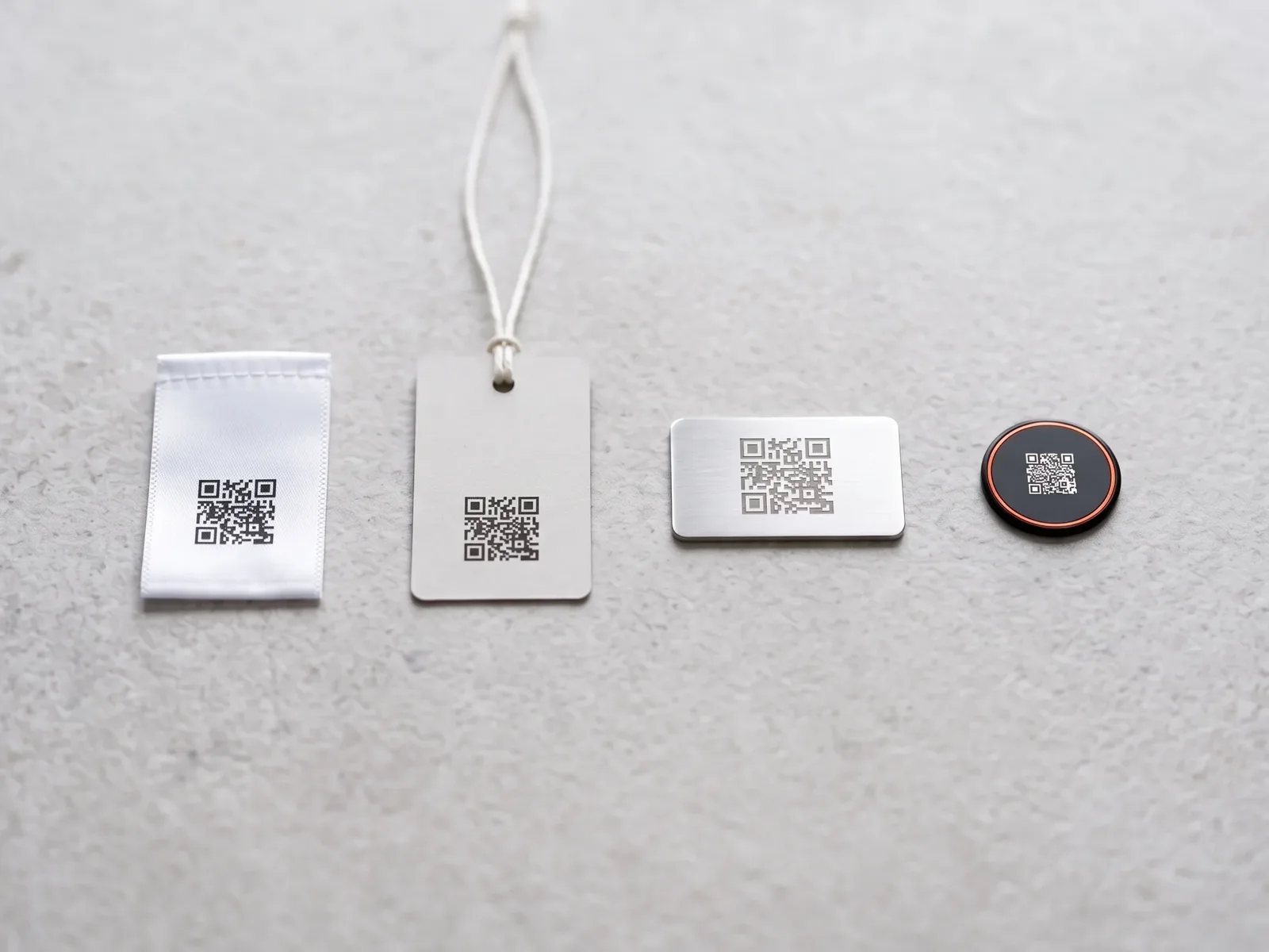 Draufsicht auf vier Träger mit QR-Code: ein Textiletikett, ein Anhängeetikett, eine gravierte Aluminiumplakette und ein rundes schwarzes Inlay