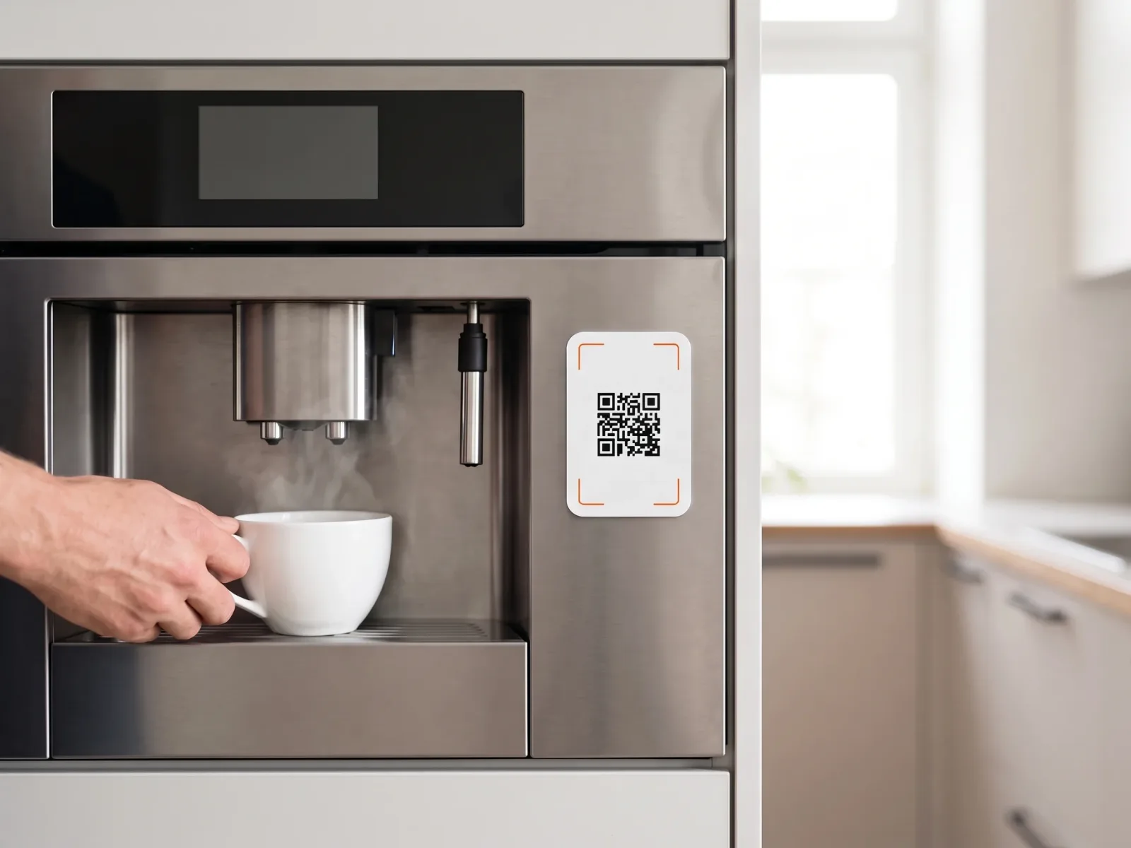 Ein weißer Meldepunkt mit QR-Code an der Edelstahlfront eines Kaffeevollautomaten, eine Hand stellt eine Tasse unter den Auslauf