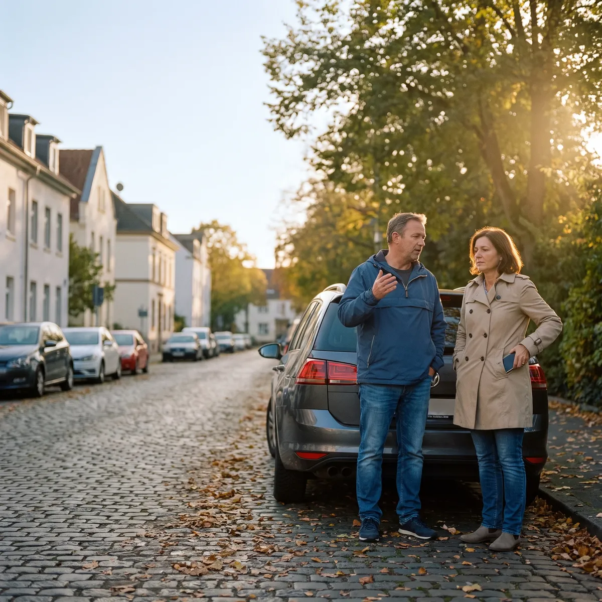 Ein Mann und eine Frau stehen im warmen Abendlicht an einem geparkten Kombi und sprechen miteinander