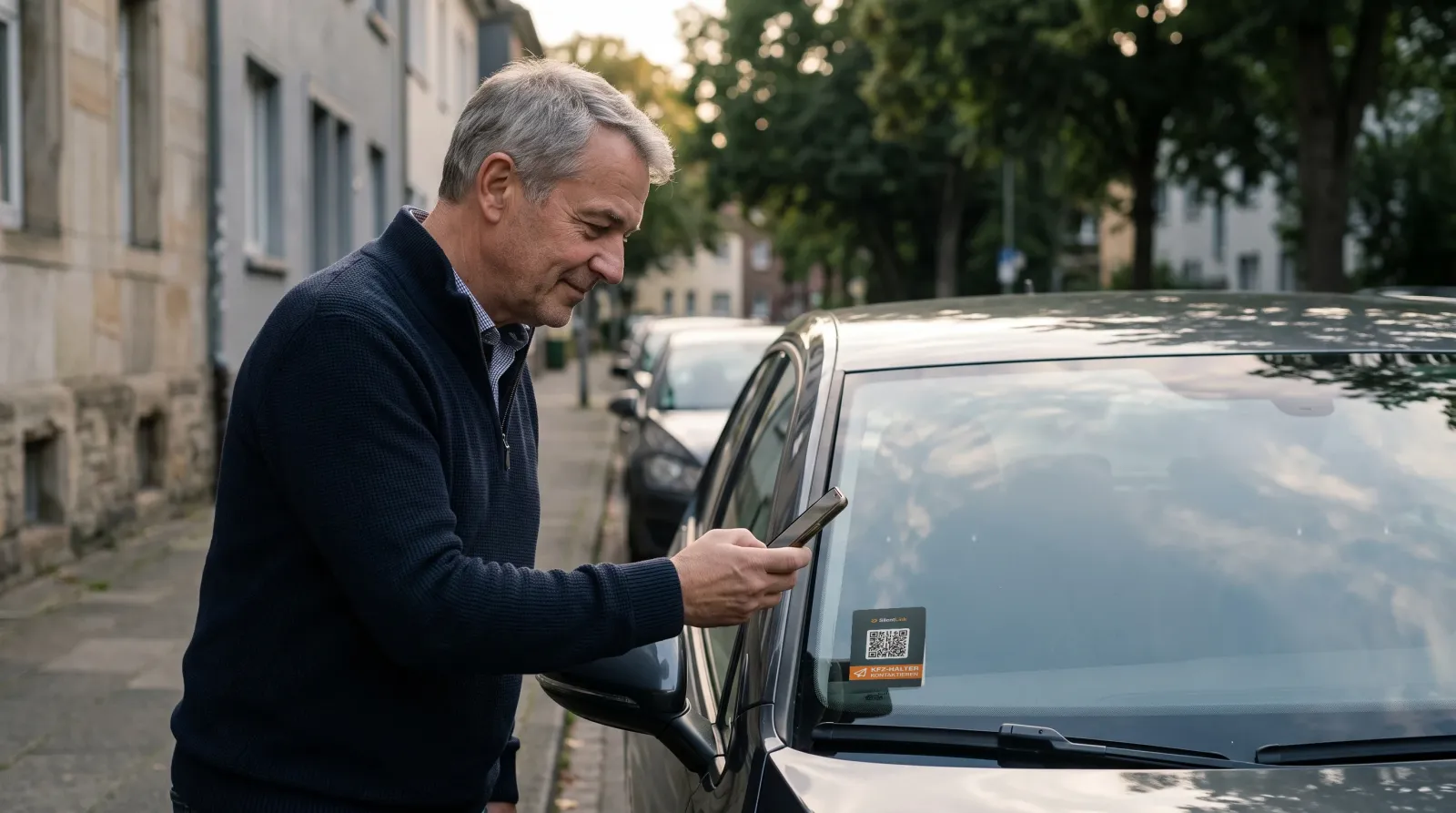 Ein Mann scannt mit seinem Handy die DriveID hinter der Windschutzscheibe eines geparkten Autos