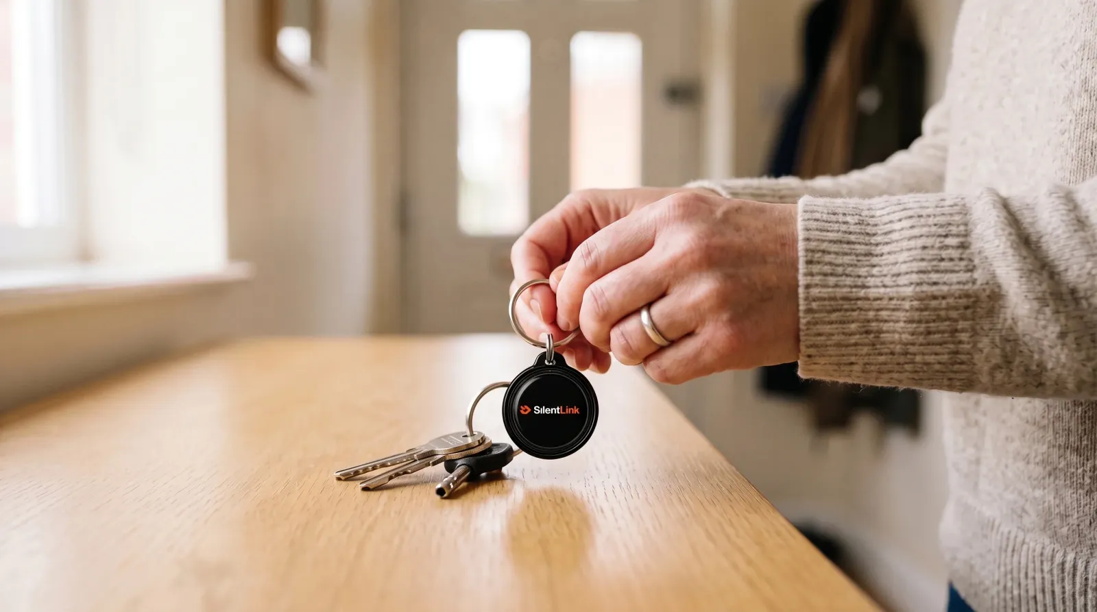 Hände fädeln die KeyID auf einen Schlüsselring mit zwei Hausschlüsseln