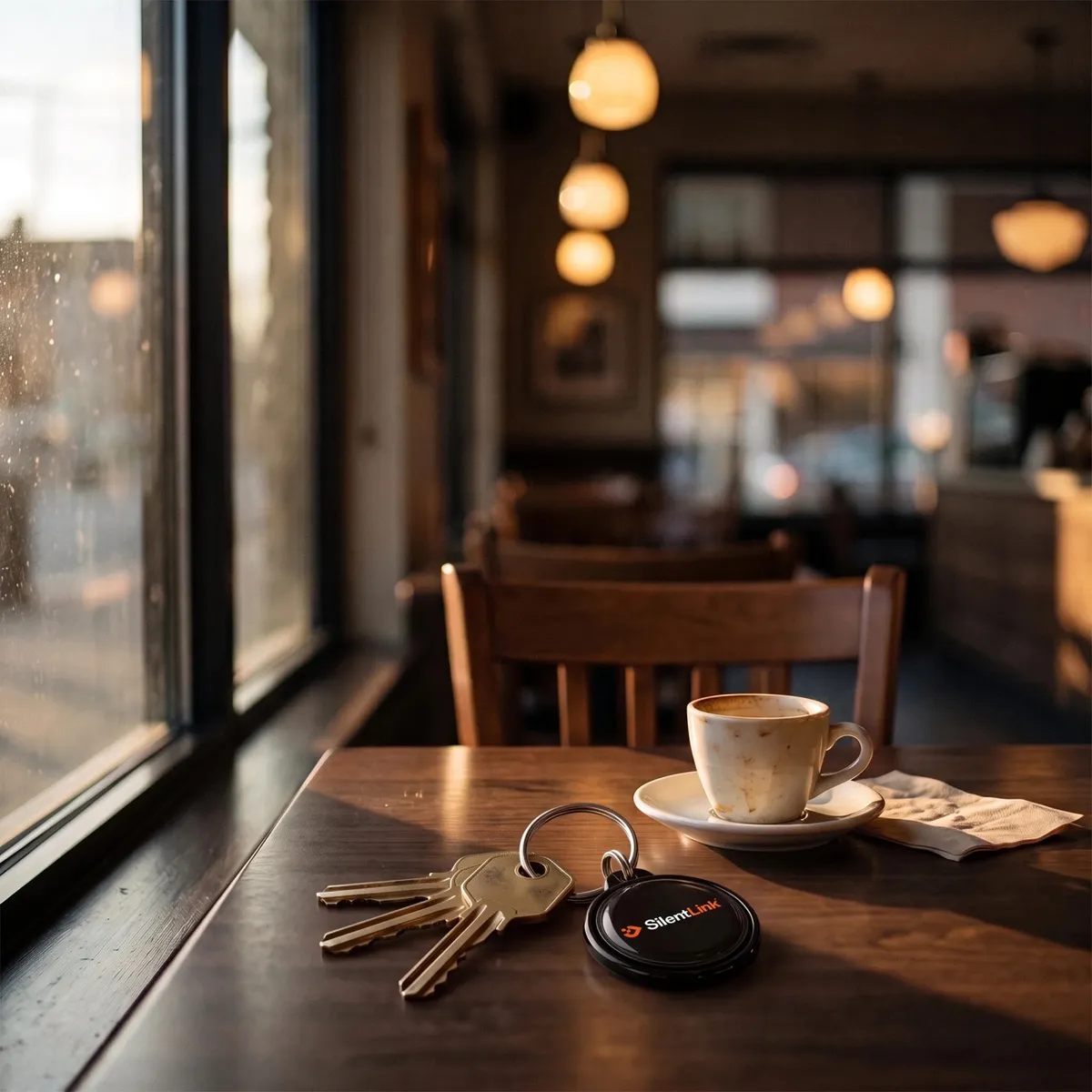 Ein Schlüsselbund mit KeyID liegt neben einer Kaffeetasse auf einem Holztisch am Fenster eines Cafés