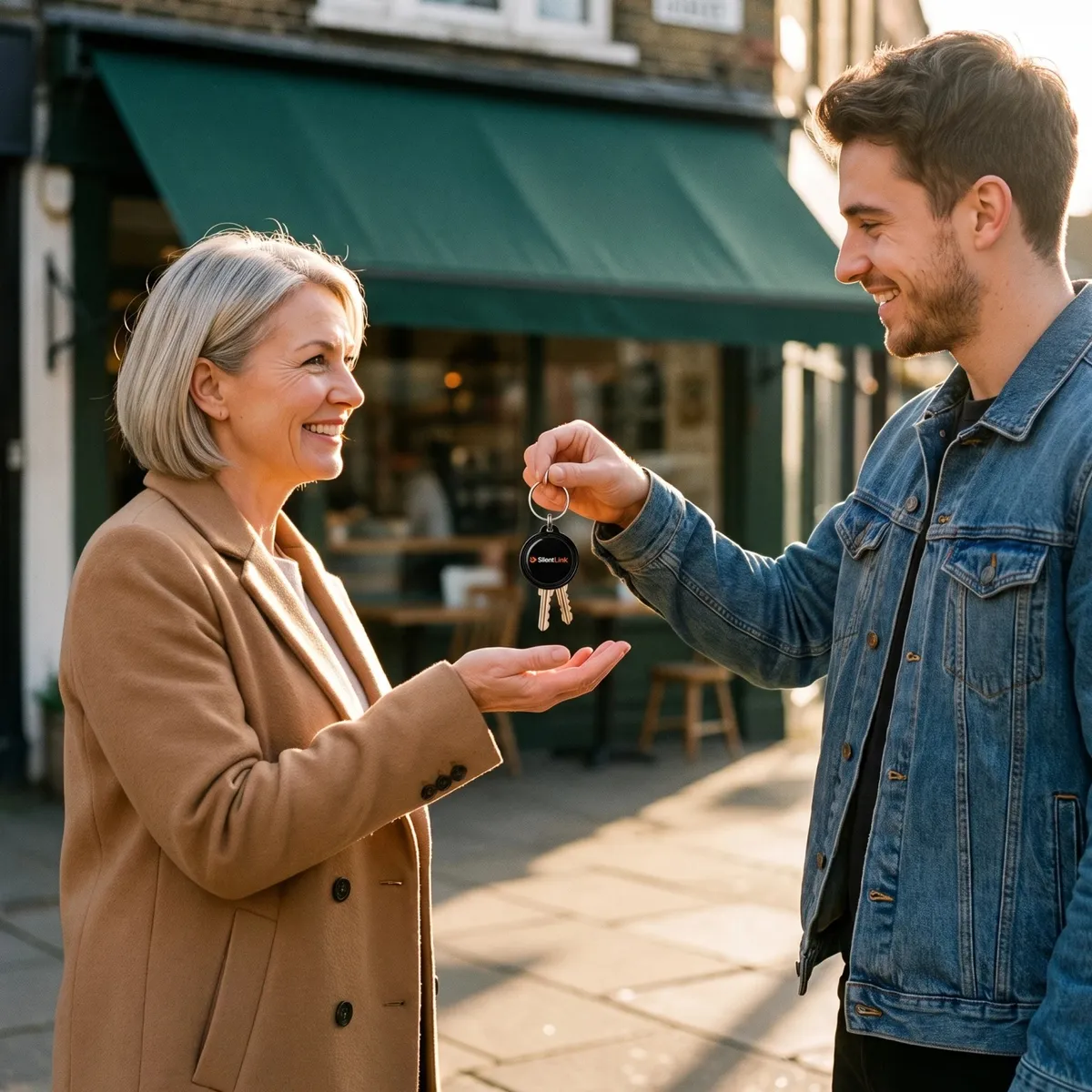 Ein junger Mann gibt einer Frau vor einem Café ihren Schlüsselbund mit KeyID zurück