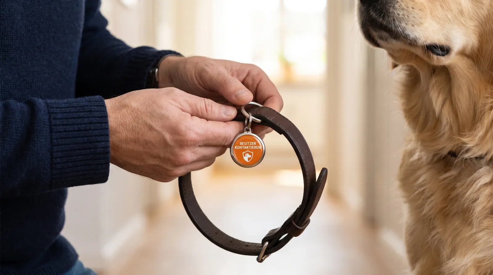 Hände hängen die PetID mit ihrem Ring an ein Hundehalsband