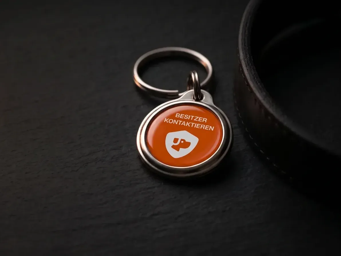 Die PetID mit Ring auf dunklem Schiefer neben einem Lederhalsband: orange Front mit dem Aufdruck Besitzer kontaktieren und einem Hundesymbol