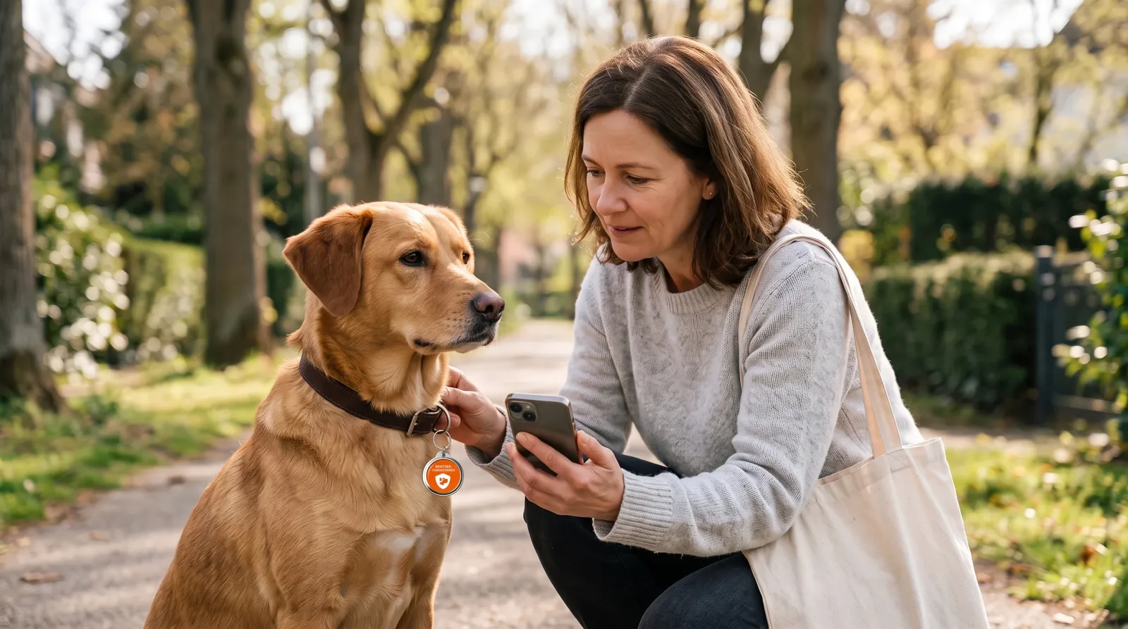 Eine Frau hockt neben einem entlaufenen Hund und scannt mit ihrem Handy die PetID an seinem Halsband