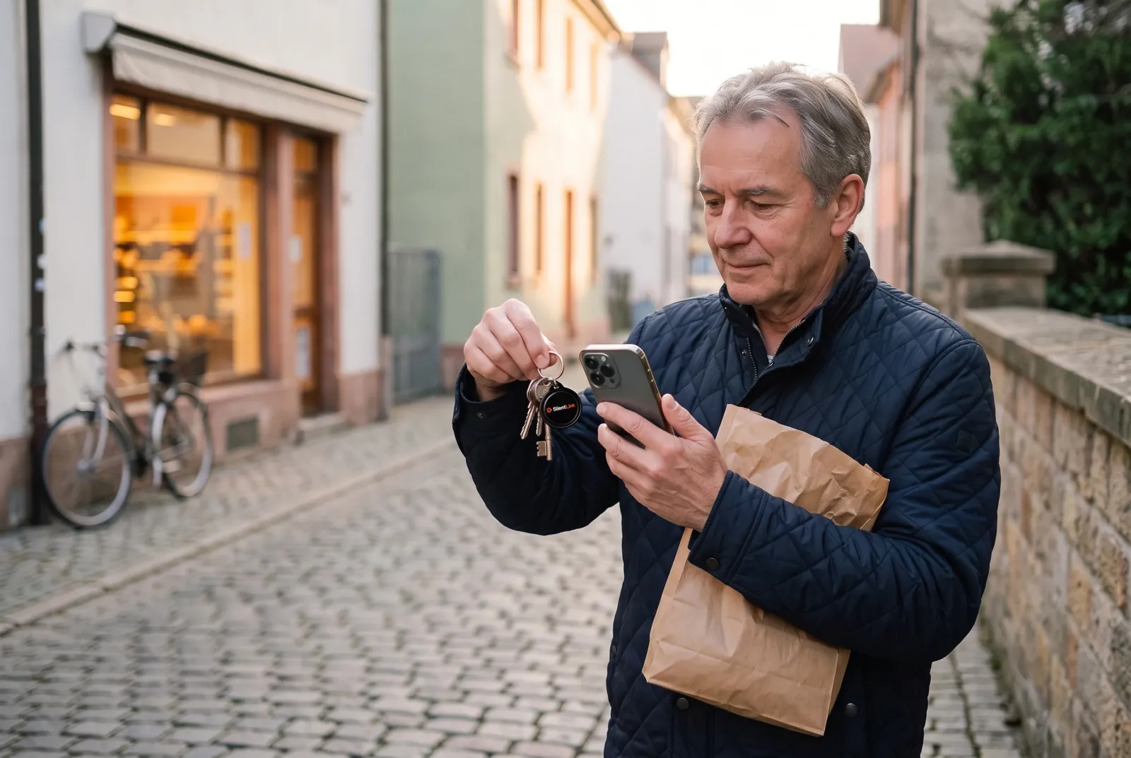 Ein Mann hält vor einer Bäckerei einen gefundenen Schlüsselbund mit KeyID und scannt sie mit dem Handy