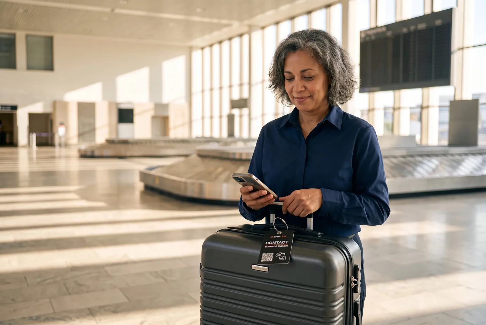 Eine Frau steht in einer hellen Gepäckhalle am Flughafen neben einem Koffer mit TravelID und schaut auf ihr Handy