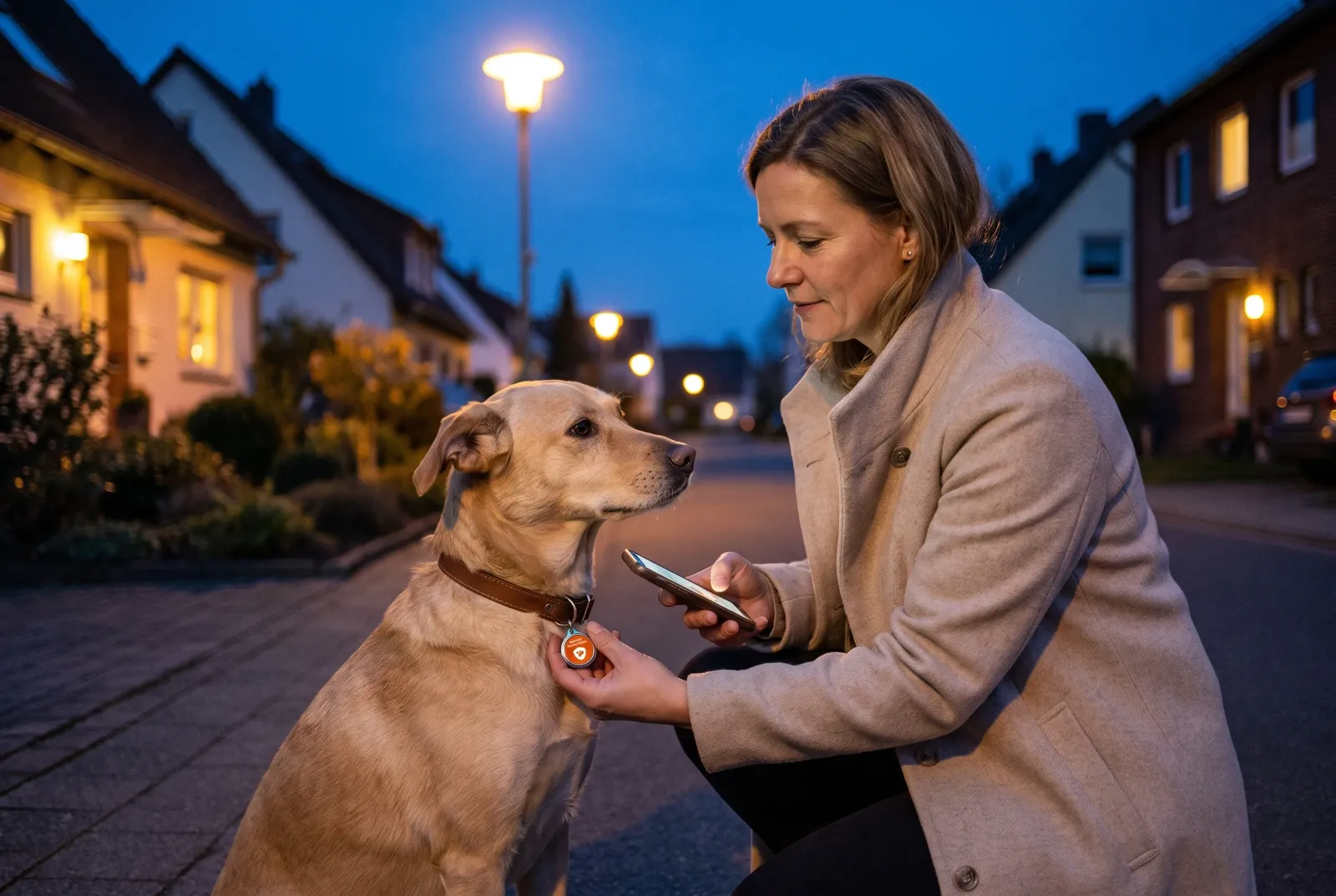 Eine Frau kniet am Abend auf dem Gehweg bei einem Hund und scannt die PetID an seinem Halsband