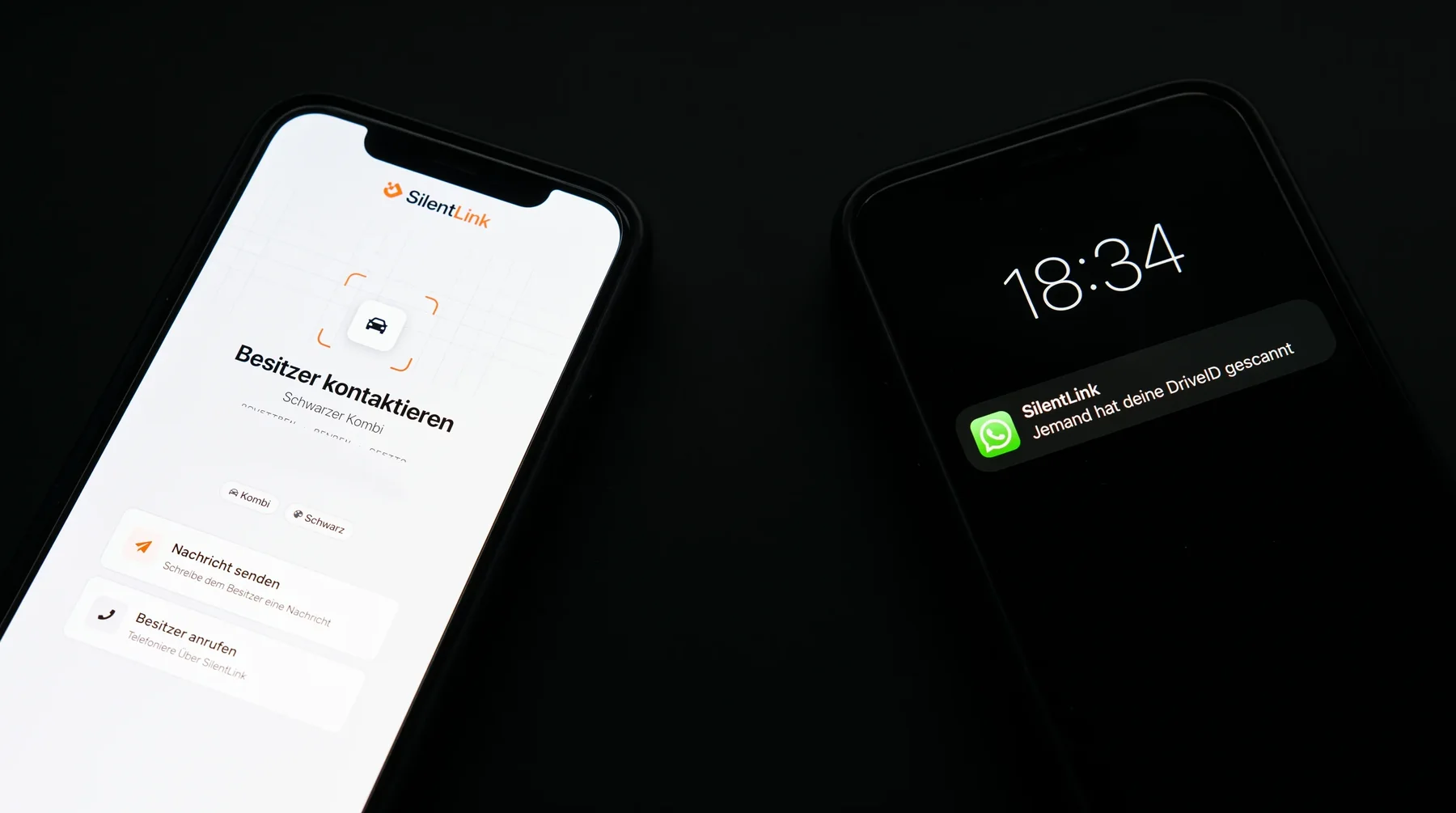 Zwei Telefone auf schwarzer Fläche: links die SilentLink-Seite nach dem Scan mit „Nachricht senden“ und „Besitzer anrufen“, rechts die eingehende Nachricht auf dem Sperrbildschirm