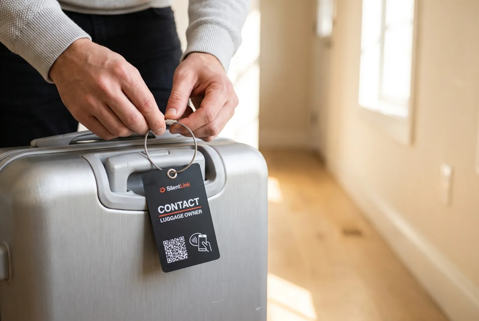 Hände fädeln die Metallschlaufe der TravelID durch den Griff eines silbernen Koffers