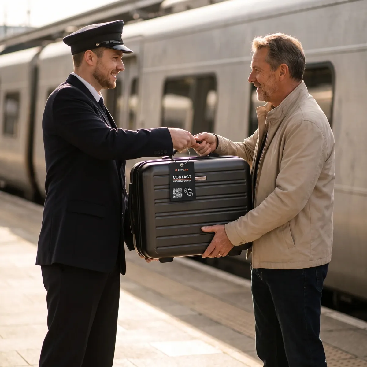 Ein Zugbegleiter übergibt einem Reisenden am Bahnsteig einen Koffer mit TravelID am Griff